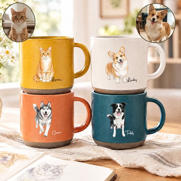Personalised Watercolor Pet Portrait Ceramic Coffee Mug with Name Daily Use Birthday Gift for Pet Owners Lovers
