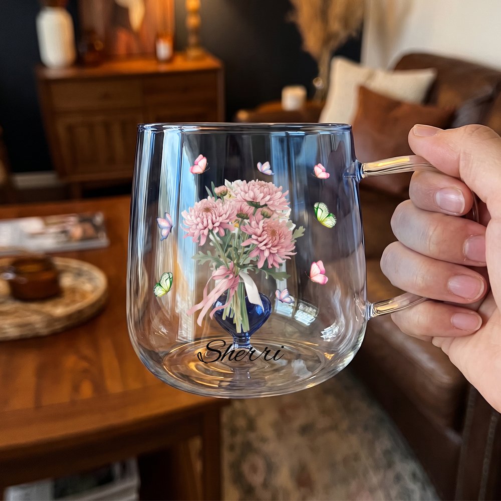 Personalised Butterfly Birth Flower 3D Heart Ornament 15 oz Glass Mug with Name Mother's Day Birthday Gift for Mum Woman 8