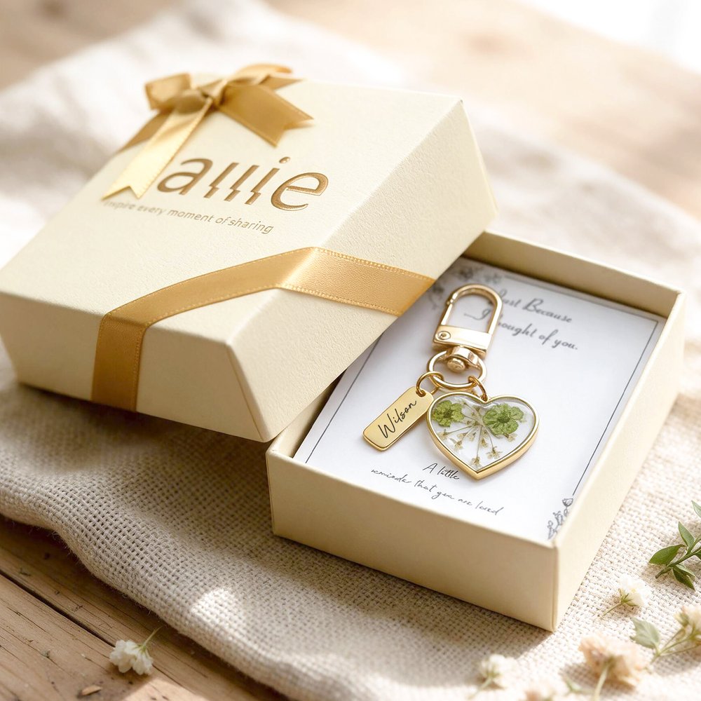 Personalized Elegant Dried Flower Heart Pendant Keychain Card Box Set with Name and Text Christmas Gift for Woman Bestie 7