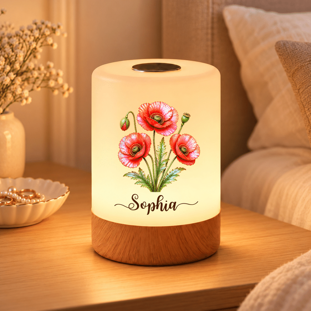 Personalized Birth Flower Rechargeable Dimmable Touch Control LED Night Light with Name Bedroom Decor Birthday Gift for Mom Wife Woman 1