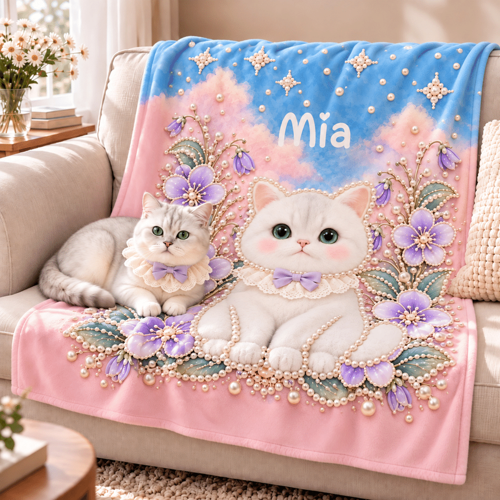 Personalised Pearl-Style Oil Painting Pet Photo Birth Flower Soft Throw Blanket with Name Home Decor Birthday Christmas Gift for Pet Owners 4