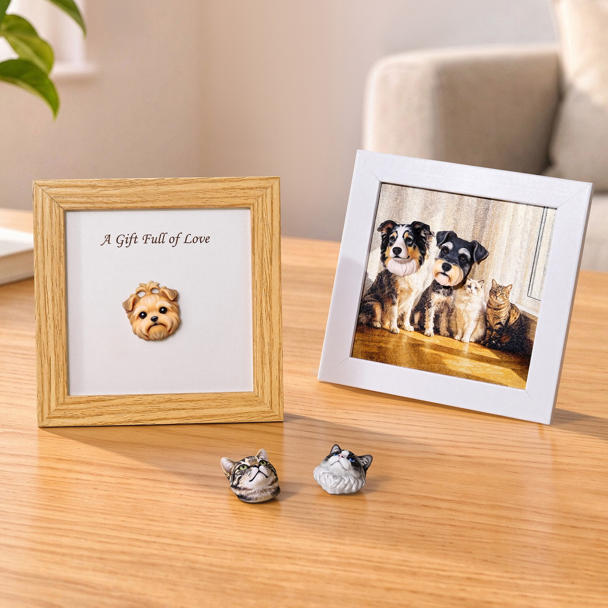 Personalisierte 3D Haustier Kopf Portrait Skulptur Magnetische Holzrahmen Set mit Text Schreibtisch Dekor Geburtstag Andenken Geschenk für Katze Hund Haustier Liebhaber