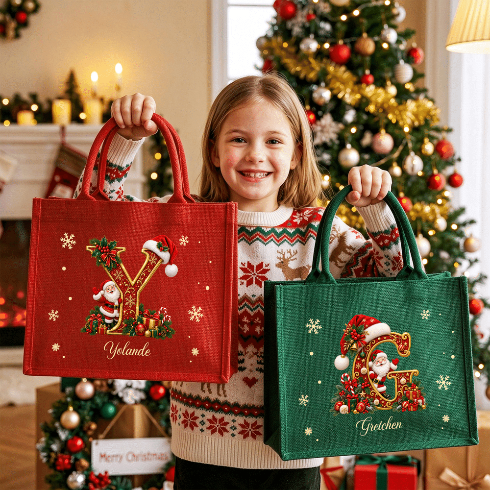 Personalised Snowflake Santa Claus Initial Large Capacity Linen Tote Bag with Name Christmas Party Holiday Gift for Family Friends Kids 7