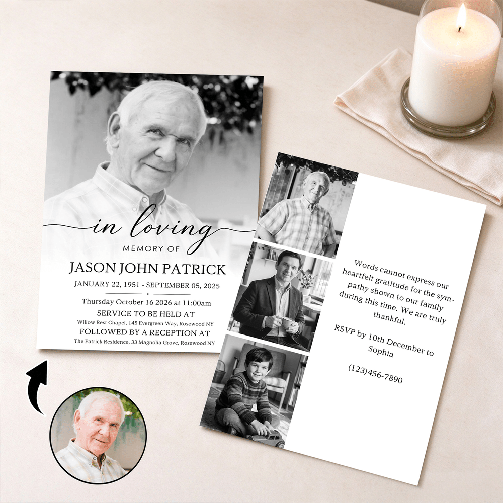 Personalized Celebration of Life Funeral Photos Invitation with Name and Text Minimalist Memorial Service Gift for Family Friends 1
