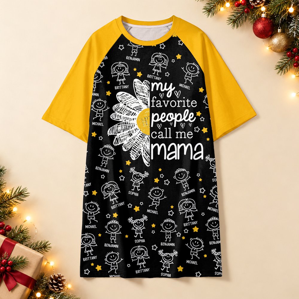 Personalised 1-16 Cartoon Line Art Kids Nightgown with Names and Side Pocket Daily Wear Birthday Christmas Gift for Grandma Mum 7