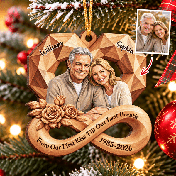 Ornamento in legno personalizzato con foto, a forma di cuore, effetto 3D, con rosa infinita, nome e anno dell'anniversario: regalo di Natale per coppia, coniugi, moglie