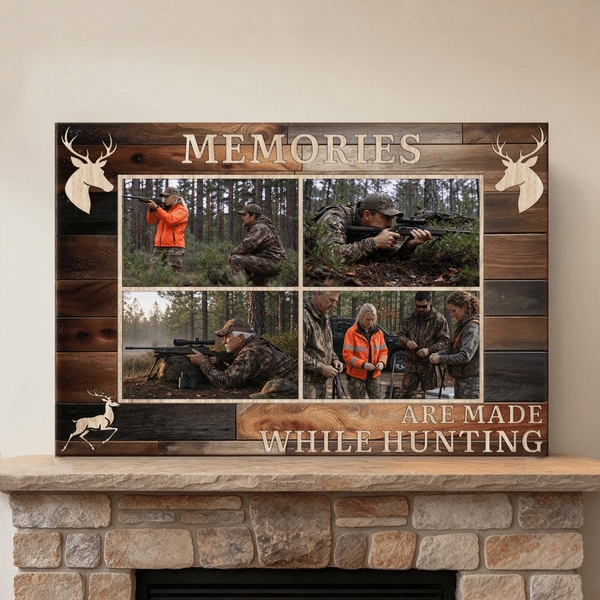 Personalised Wood Grain Deer Hunting Photo Collage Canvas Prints with Text Home Wall Decor Christmas Birthday Gift for Deer Hunters