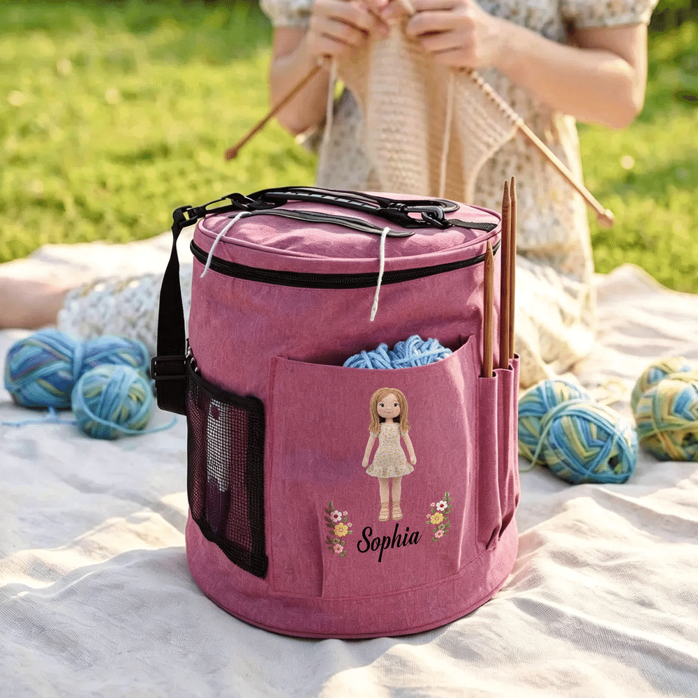 Personalised Cartoon Character Photo Oxford Large Cylindrical Yarn Storage Bag with Name Daily Use Birthday Gift for Crochet Lovers Women 3