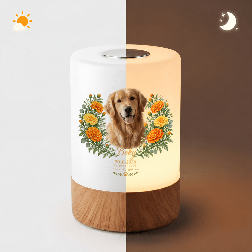 Personalized Oil Painting Pet Photo Birth Flower Touch Control Night Light with Name Year and Text Memorial Sympathy Gift for Loss of Pet 6