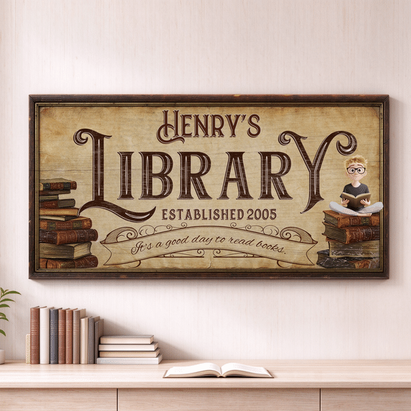 Personalized Reading Character Vintage Library Canvas Prints with Name Home Wall Decor Birthday Housewarming Gift for Bookworms