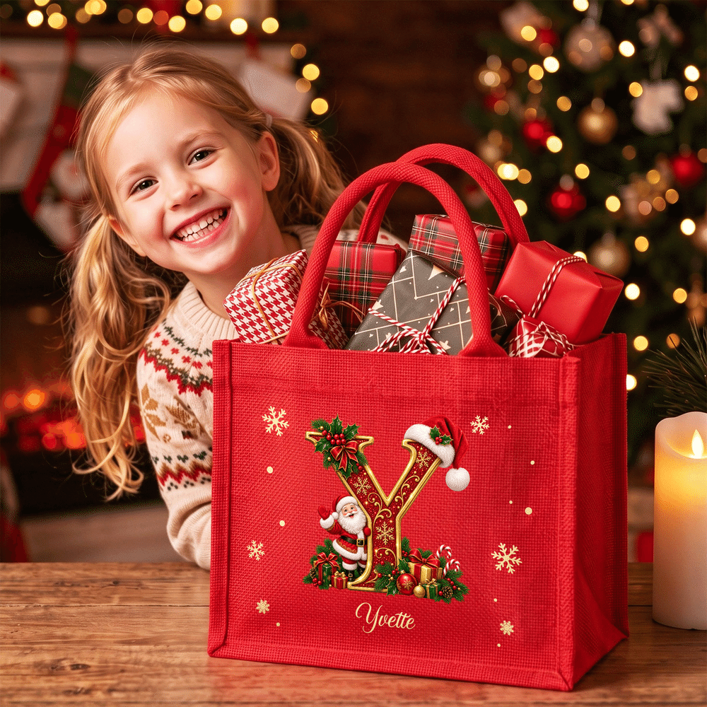 Personalised Snowflake Santa Claus Initial Large Capacity Linen Tote Bag with Name Christmas Party Holiday Gift for Family Friends Kids 6