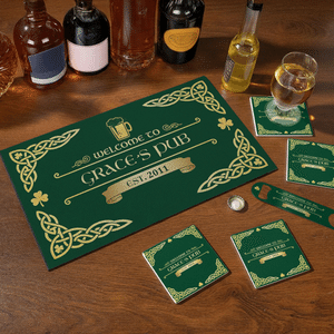 Personalized Vintage Irish Pub Bar Mat Coaster Bottle Opener Set with Pub Name and Year Bar Accessories Birthday Christmas Gift for Men Beer Lovers