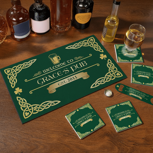 Personalized Vintage Irish Pub Bar Mat Coaster Bottle Opener Set with Pub Name and Year Bar Accessories Birthday Christmas Gift for Men Beer Lovers