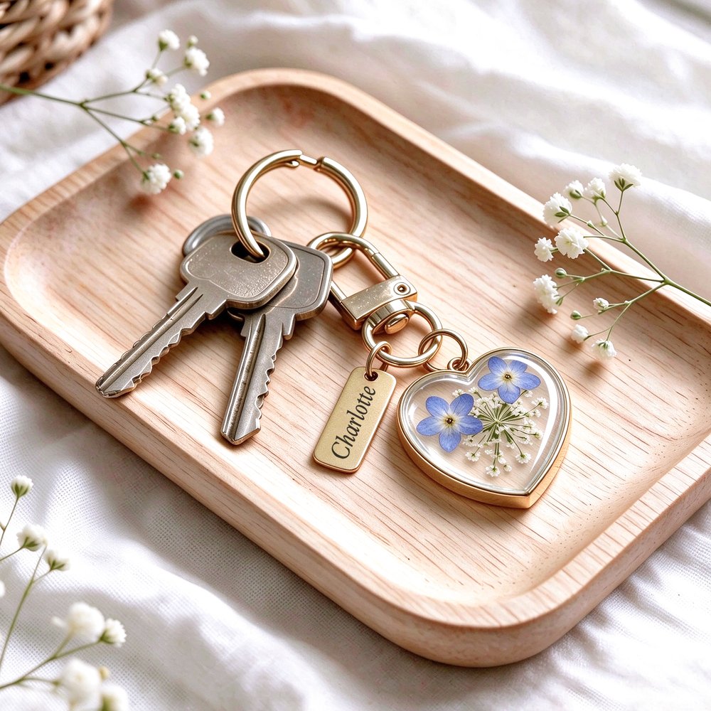 Personalized Elegant Dried Flower Heart Pendant Keychain Card Box Set with Name and Text Christmas Gift for Woman Bestie 4