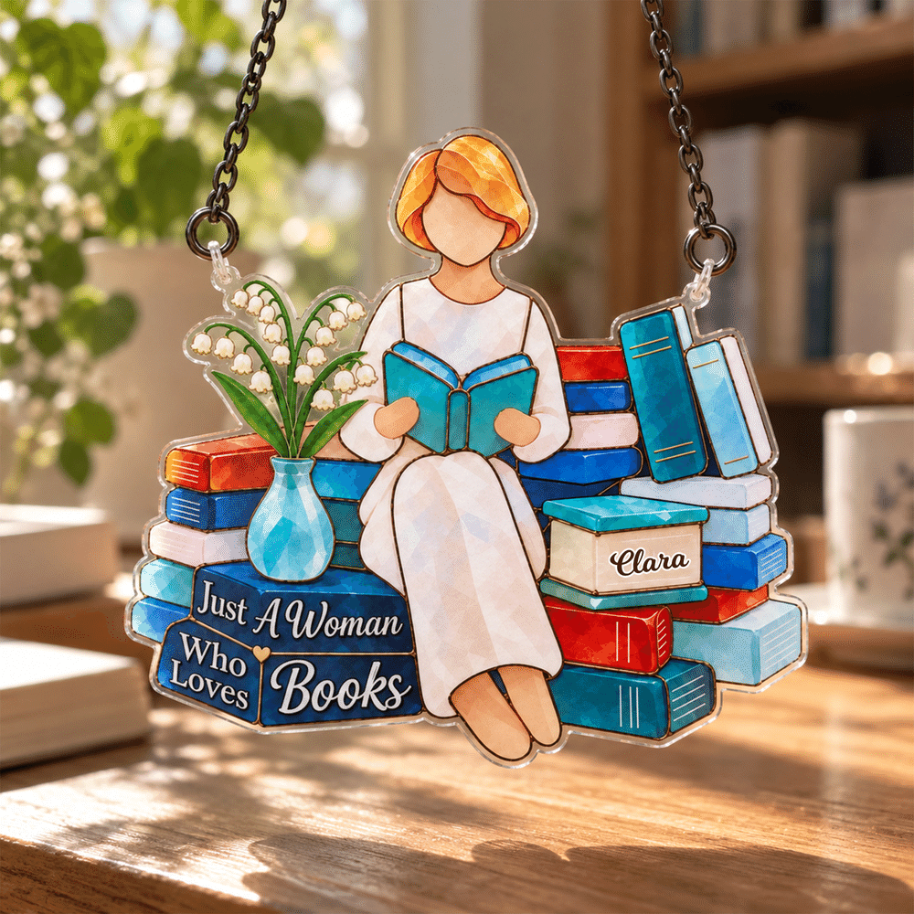 Personalised Birth Flower & Cartoon Reading Woman Sun Catcher with Name and Text Reading Corner Decor Birthday Gift for Women Book Lovers 5