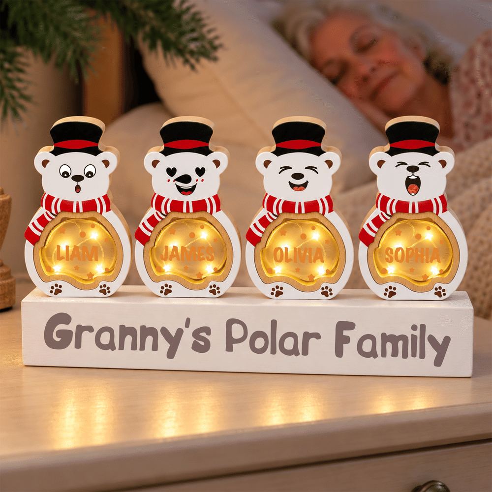 Personalized Cute Polar Bear LED Light Wooden Christmas Ornament with Name and Text Christmas Gift for Family Kids 3