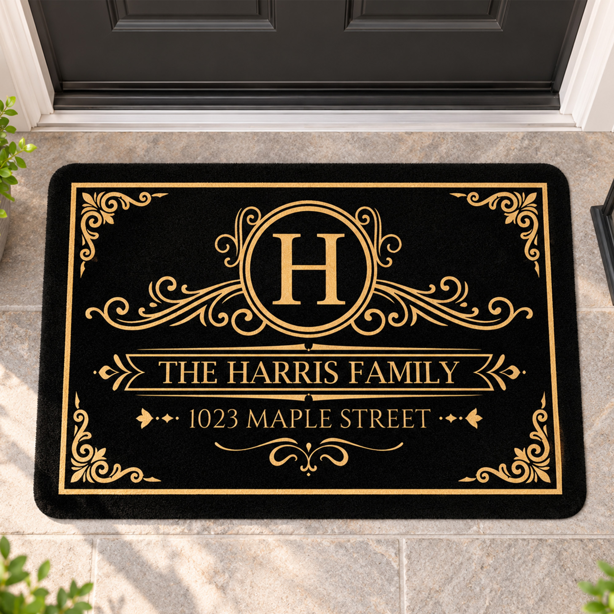 Personalized Vintage Scrollwork Non-Slip Doormat with Family Name Initial and Text Home Decor Daily Use Housewarming Gift for Family Friend Male