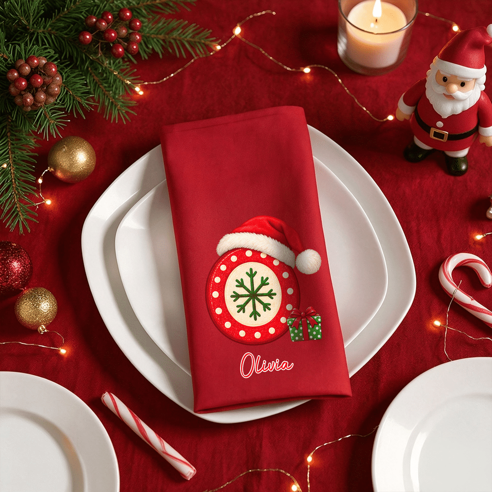 Serviette rouge 100 % coton personnalisée avec motif artistique à effet 3D sur le thème de Noël, avec initiale et prénom – Cadeau de Noël pour la famille et les invités 3