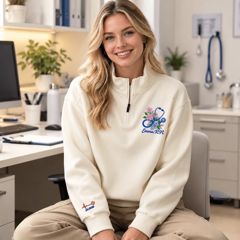 Personalised Floral Stethoscope Embroidered Quarter-Zip Sweatshirt with Name Title and Year Nurse Appreciation Graduation Gift for Nurses 6