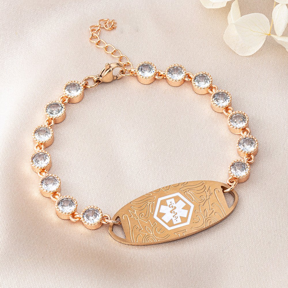 Personalized Cubic Zirconia Medical Alert ID Bracelet with Engraved Text Emergency Gift for Diabetes Allergies Epilepsy 2