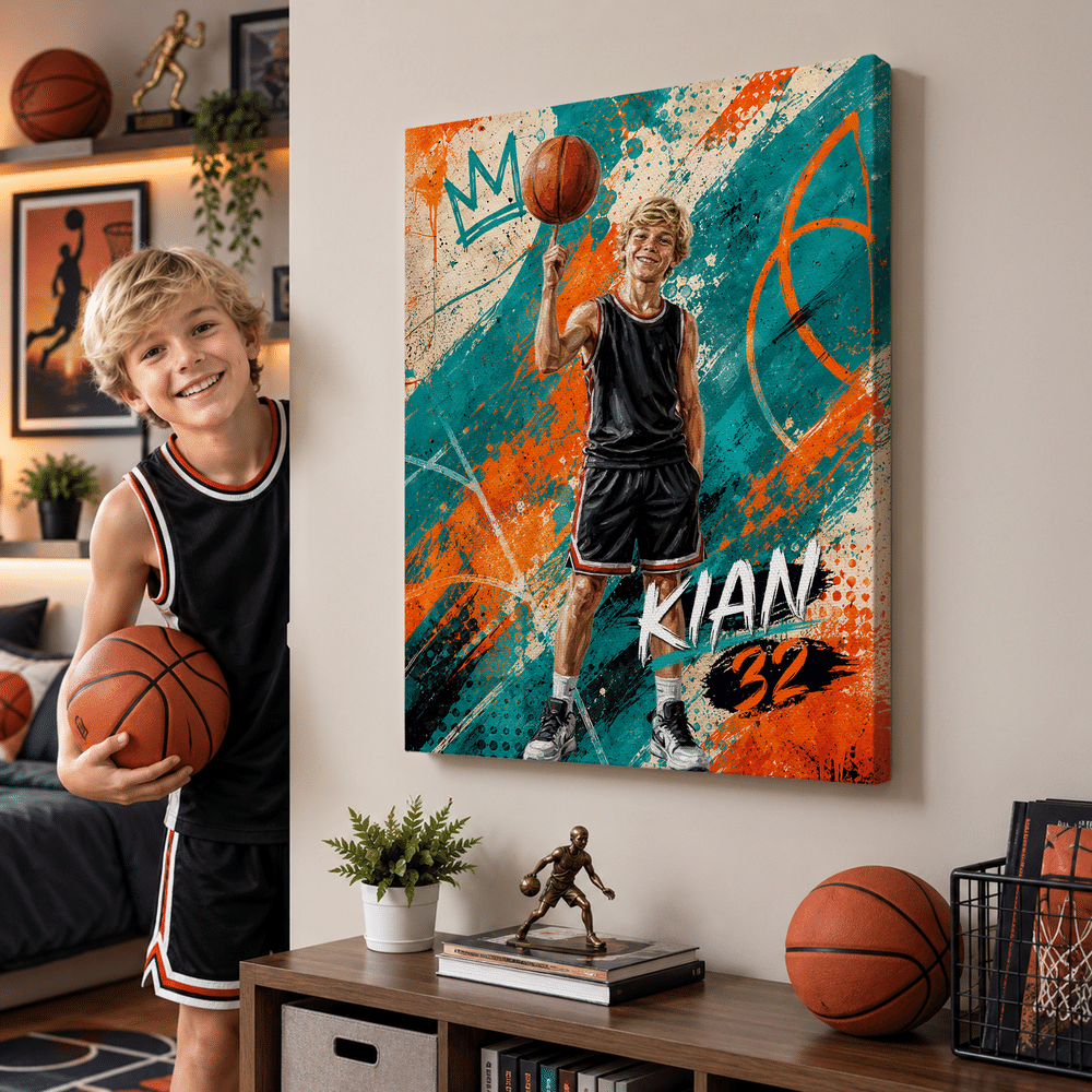 Personalised Oil Painting Style Basketball Player Photo Canvas Prints with Name and Number Home Wall Decor Birthday Gift for Basketball Lovers Players 3