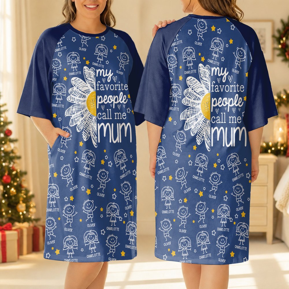 Personalised 1-16 Cartoon Line Art Kids Nightgown with Names and Side Pocket Daily Wear Birthday Christmas Gift for Grandma Mum 4