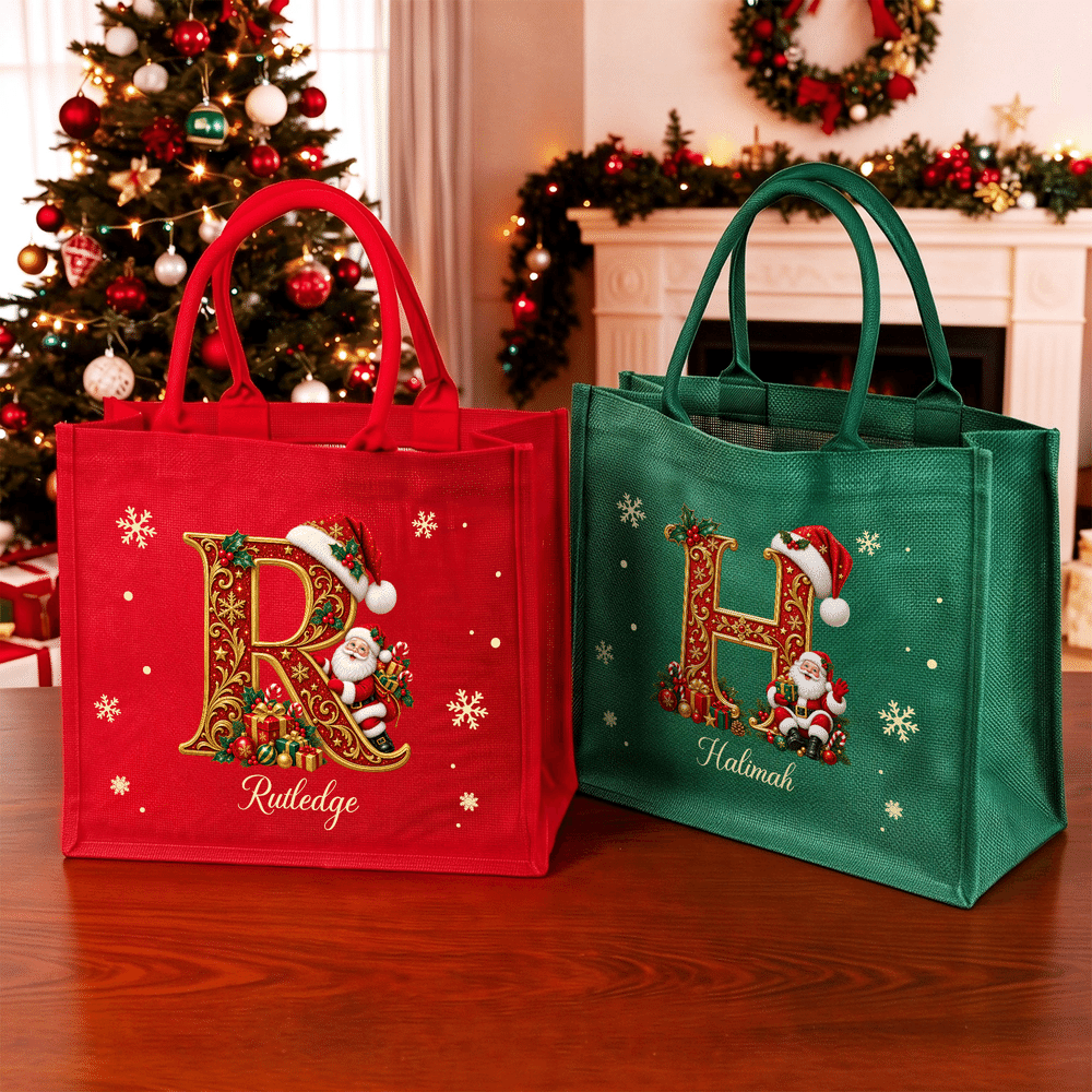 Personalised Snowflake Santa Claus Initial Large Capacity Linen Tote Bag with Name Christmas Party Holiday Gift for Family Friends Kids 2