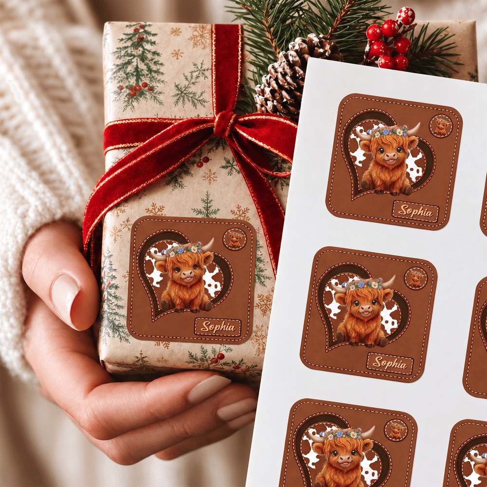 Personalized Vintage Cartoon Highland Cow Heart Waterproof Stickers with Name Christmas Holiday Party Gift for Family Friends Kids 8
