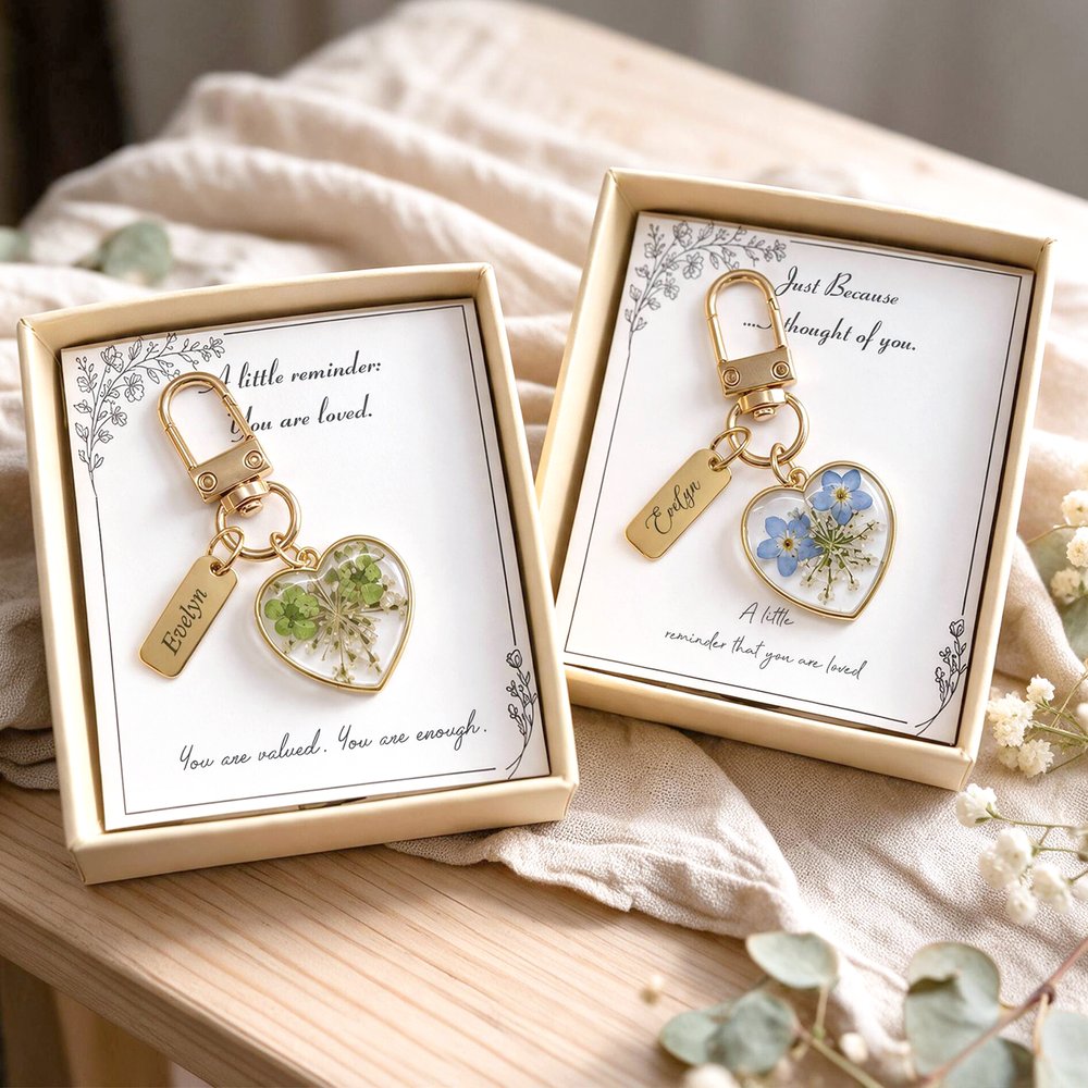 Personalized Elegant Dried Flower Heart Pendant Keychain Card Box Set with Name and Text Christmas Gift for Woman Bestie 8