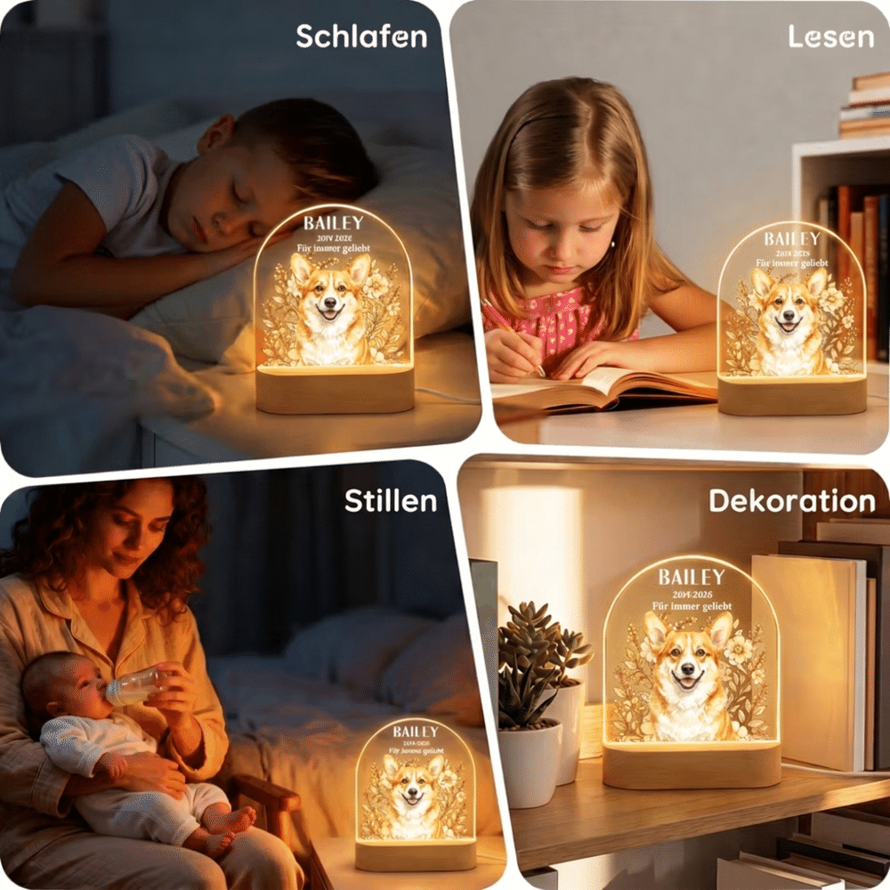 Personalisiertes Haustierfoto Nachtlicht mit Aquarell-Blumen | mit Namen & Text | LED-Acryllampe mit Holzsockel | Erinnerungsgeschenk für Tierbesitzer 9