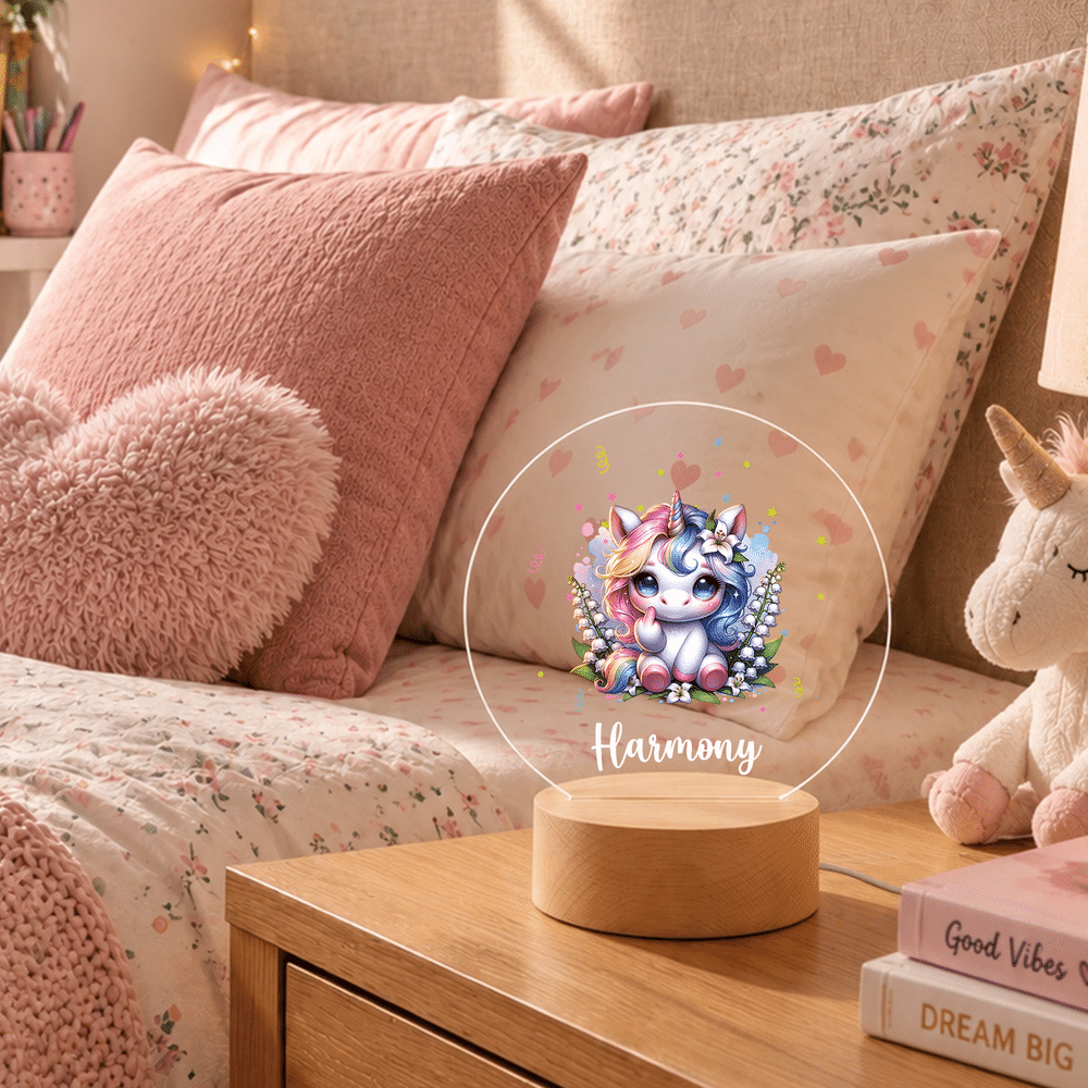 Placas acrílicas personalizadas con forma de círculo, con motivos de unicornio y flores de nacimiento, con luz nocturna, con nombre, para dormitorio infantil, regalo de cumpleaños para niñas 3