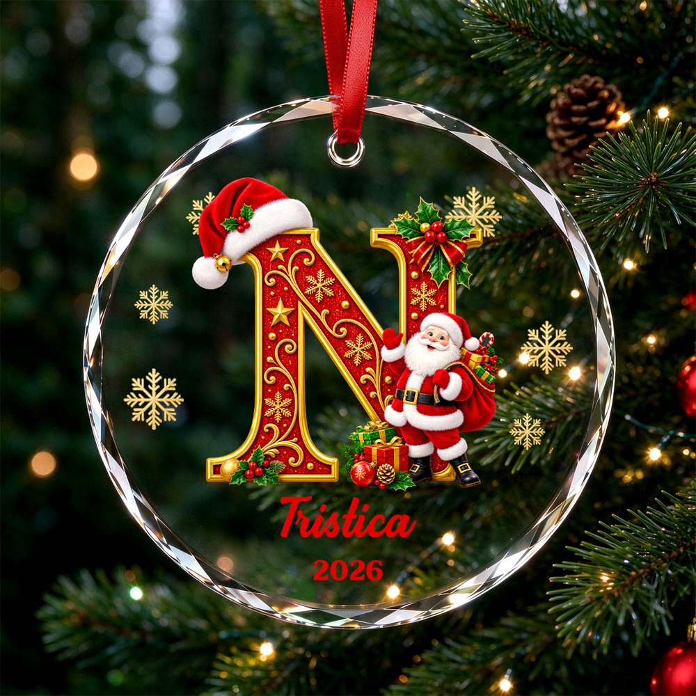 Personalised Santa Claus Christmas Hat Initial Circle Heart Shape Ornament with Name and Year Home Decor Christmas Gift for Family 4