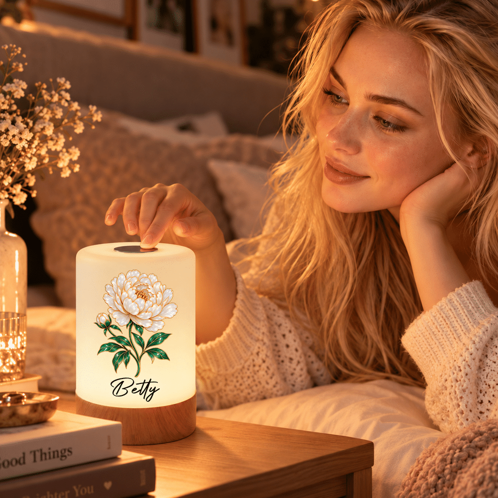 Personalised Pearlescent Gold-Trim Birth Flower Rechargeable Touch Control Night Light with Name Bedroom Decor Birthday Gift for Kids Women 3