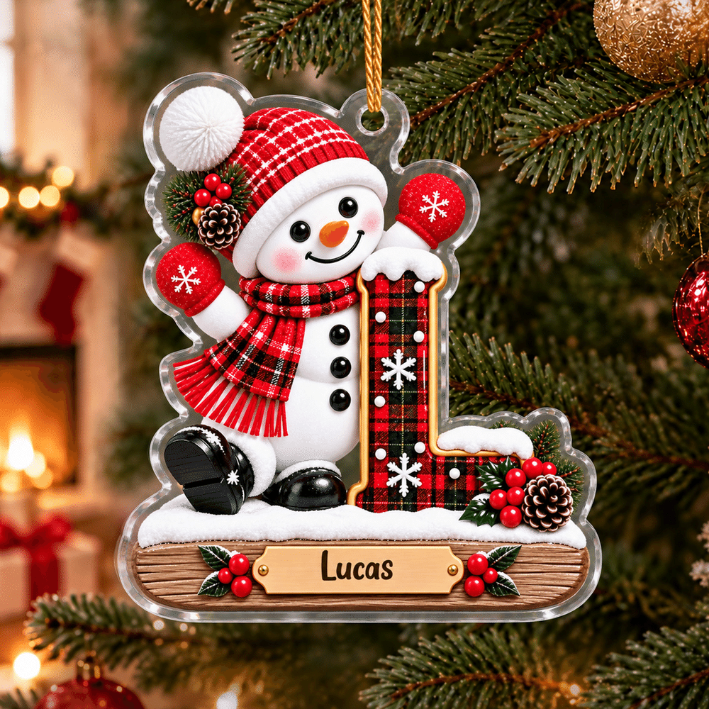 Personalised Little Snowman Initial Acrylic Hanging Ornament with Name Tree Decoration Christmas Gift for Kids Family 1