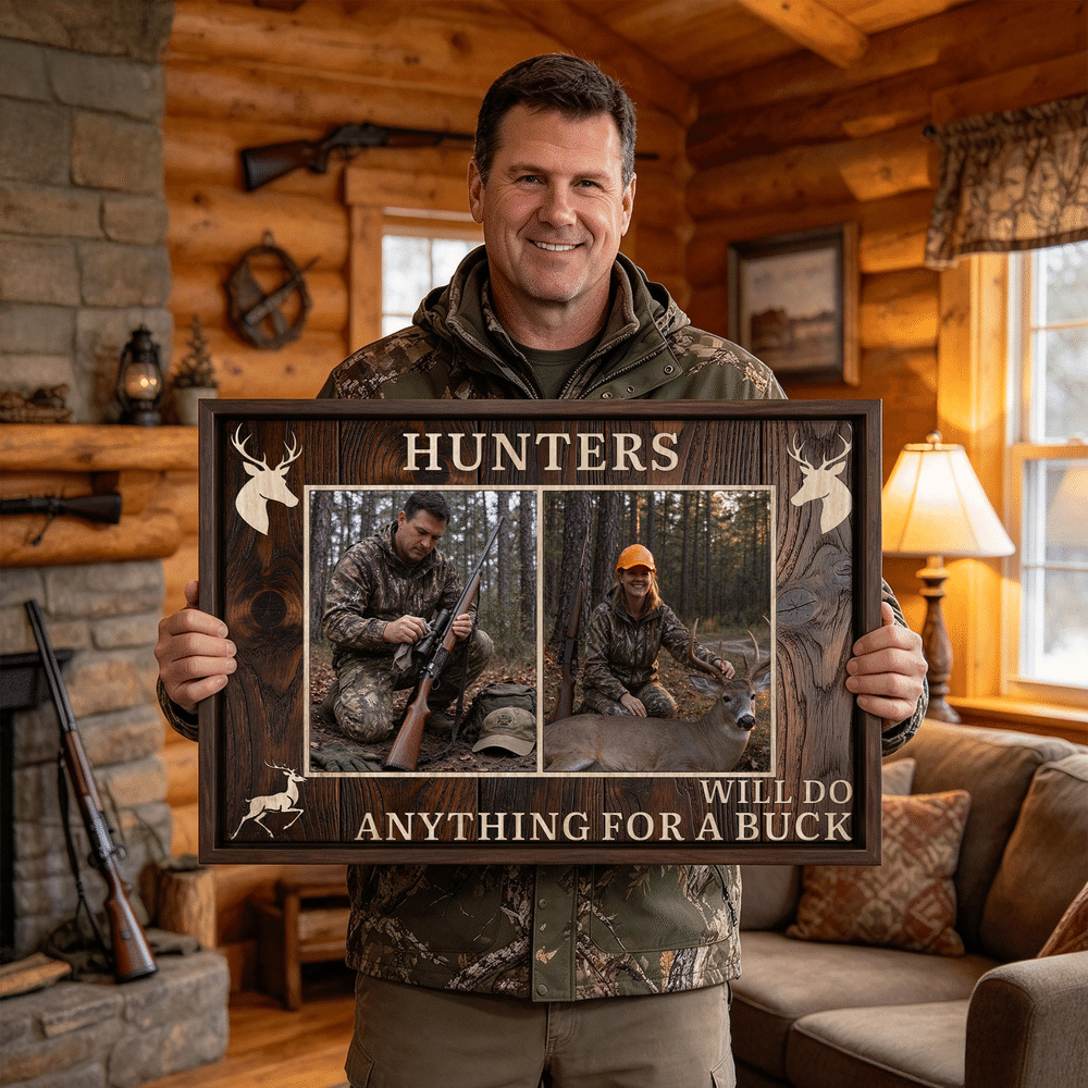 Personalised Wood Grain Deer Hunting Photo Collage Canvas Prints with Text Home Wall Decor Christmas Birthday Gift for Deer Hunters 3