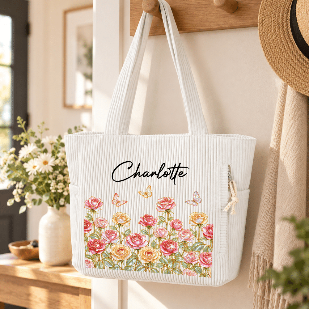 Personalised Pearl Style Birth Flower Large Capacity Corduroy Tote Bag with Name Daily Use Travel Birthday Christmas Gift for Women 2