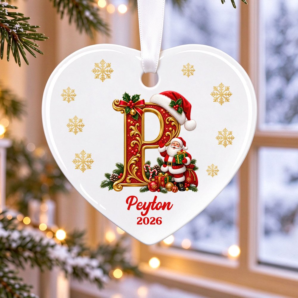 Personalised Santa Claus Christmas Hat Initial Circle Heart Shape Ornament with Name and Year Home Decor Christmas Gift for Family 7
