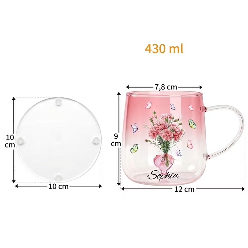 Taza personalizada de vidrio 430 ml con mariposa flor de nacimiento corazón 3D y nombre regalo de cumpleaños y Día de la Madre para mujeres 11