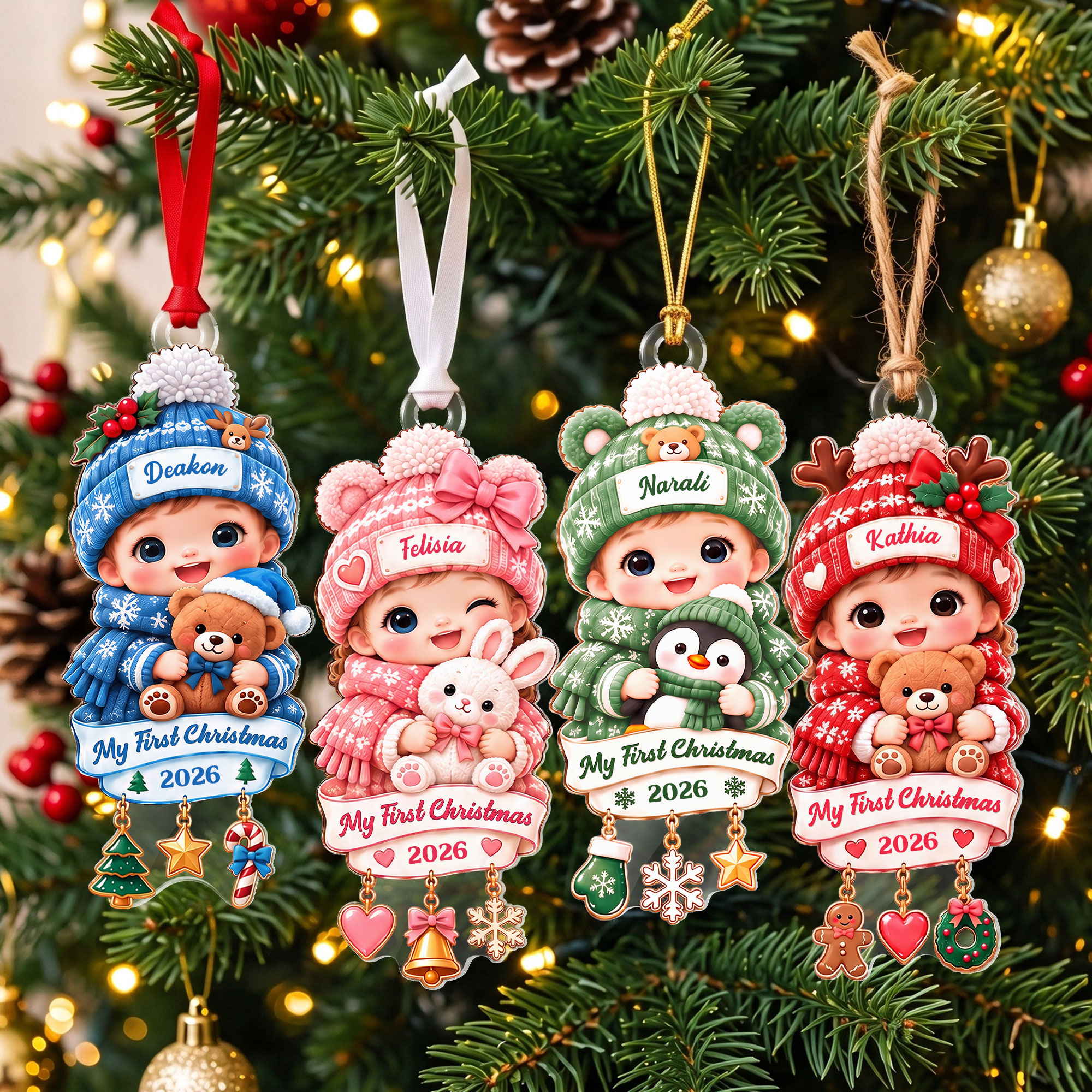 Personalized My First Christmas Cartoon Baby Acrylic Hanging Ornament with Name and Year Tree Decoration Christmas Gift for Newborn Baby Family
