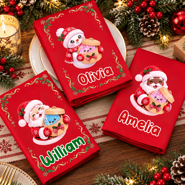 Personalized Christmas Santa Claus Snowman Pattern 100% Cotton Napkin with Name Christmas Party Gift for Family Friends