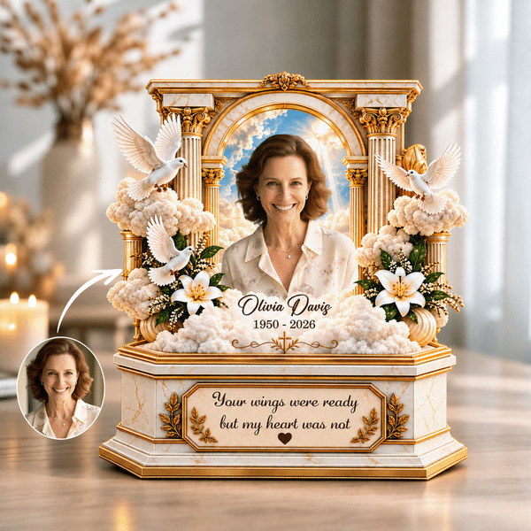 Décoration en bois superposée personnalisée de style 3D représentant une arche dorée ornée, avec photo d'art, année et texte : cadeau de condoléances pour la famille et les amis