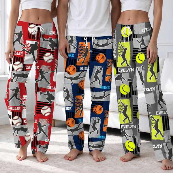 Pantalon de pyjama doux au motif personnalisé de silhouettes colorées de sports de balle, avec prénom – À porter au quotidien – Cadeau de Noël ou d'anniversaire pour les amateurs de sport de la famille
