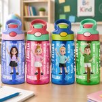 Personalisierte Wortwolke mit Cartoon-Figur und Namen – 16 oz Kinder-Trinkflasche mit Strohhalm und Griff – Geschenk zum Schulanfang, zum Kindertag oder zum Geburtstag für Kinder 2