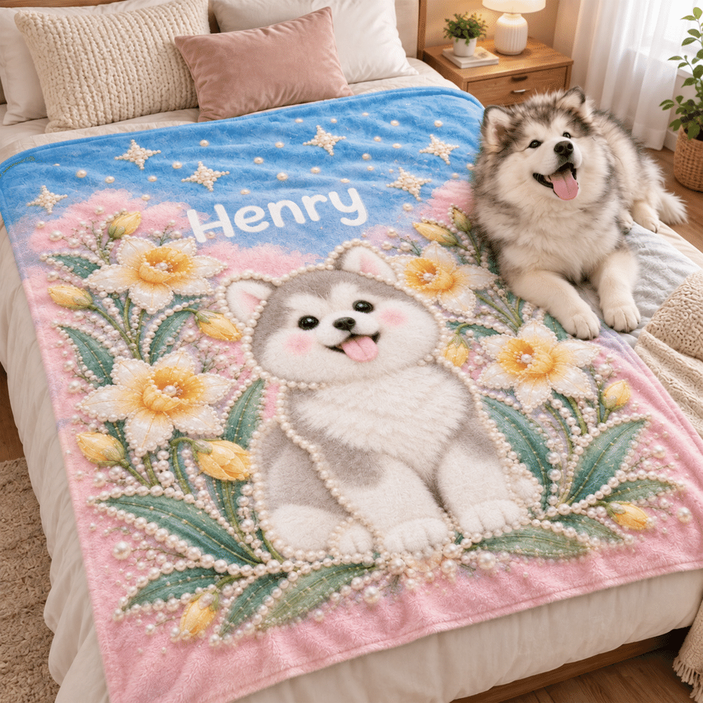 Personalised Pearl-Style Oil Painting Pet Photo Birth Flower Soft Throw Blanket with Name Home Decor Birthday Christmas Gift for Pet Owners 3