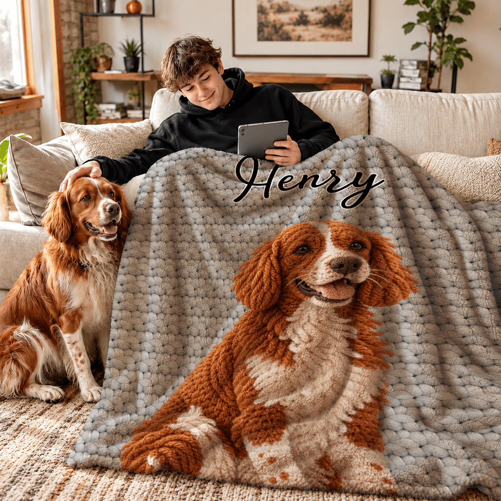 Personalized 3D-Effect Artwork Crochet Effect Pet Photo Soft Throw Blanket with Name Home Decor Birthday Housewarming Gift for Pet Lovers 3