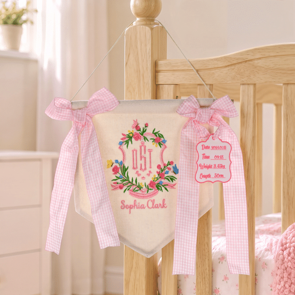 Personalized Embroidery Rustic Style Flowers Banner Decoration with Text  Tag Baby Bedside Decoration Hospital Gift for Newborn