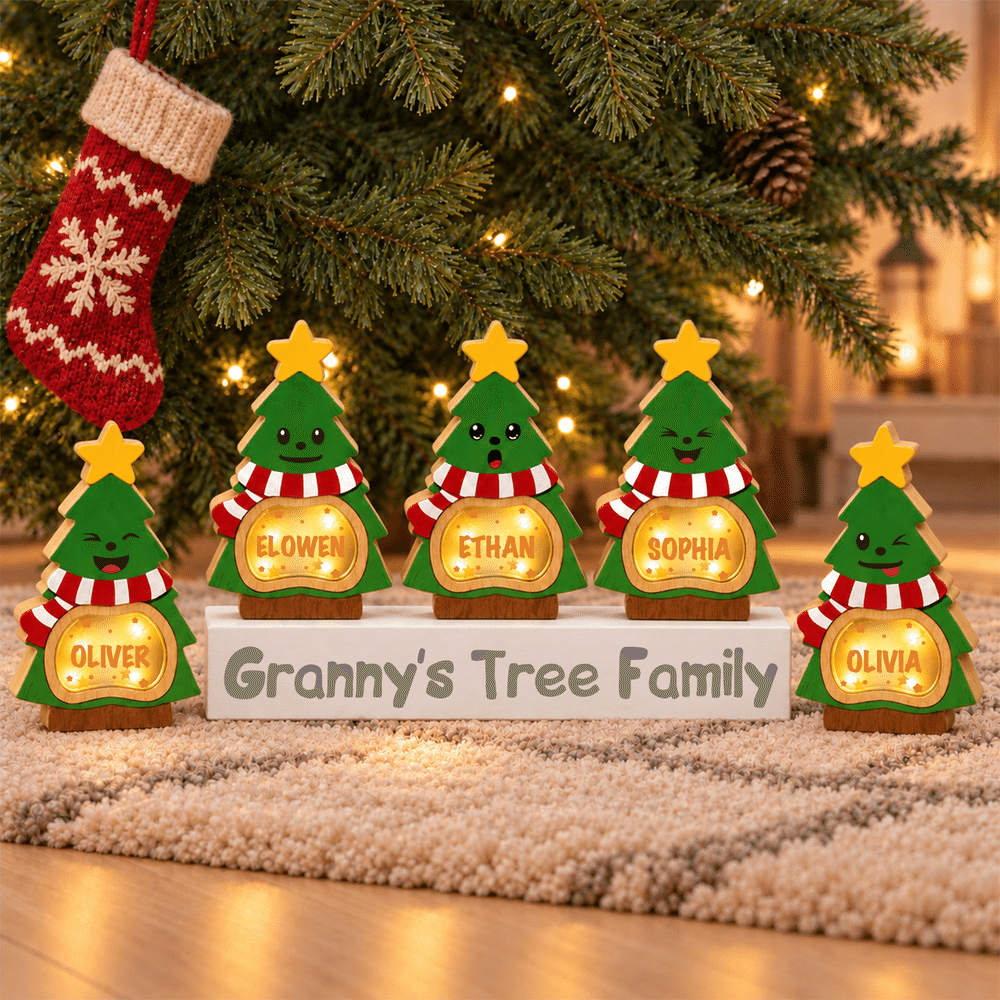 Personalized Cute Christmas Tree LED Light Wooden Christmas Ornament with Name and Text Christmas Gift for Family Kids 5