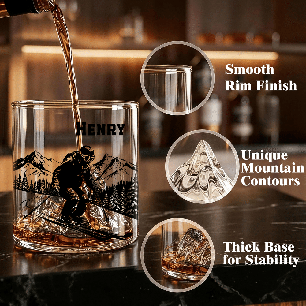 Personalized Skiing Silhouette Cut-Out Mountain Whisky Glass Box Set with Name Bar Party Accessory Birthday Christmas Gift for Man Whiskey Lover 7