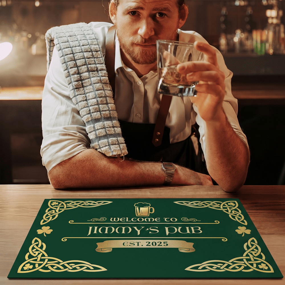 Personalized Vintage Irish Pub Bar Mat Coaster Bottle Opener Set with Pub Name and Year Bar Accessories Birthday Christmas Gift for Men Beer Lovers 6