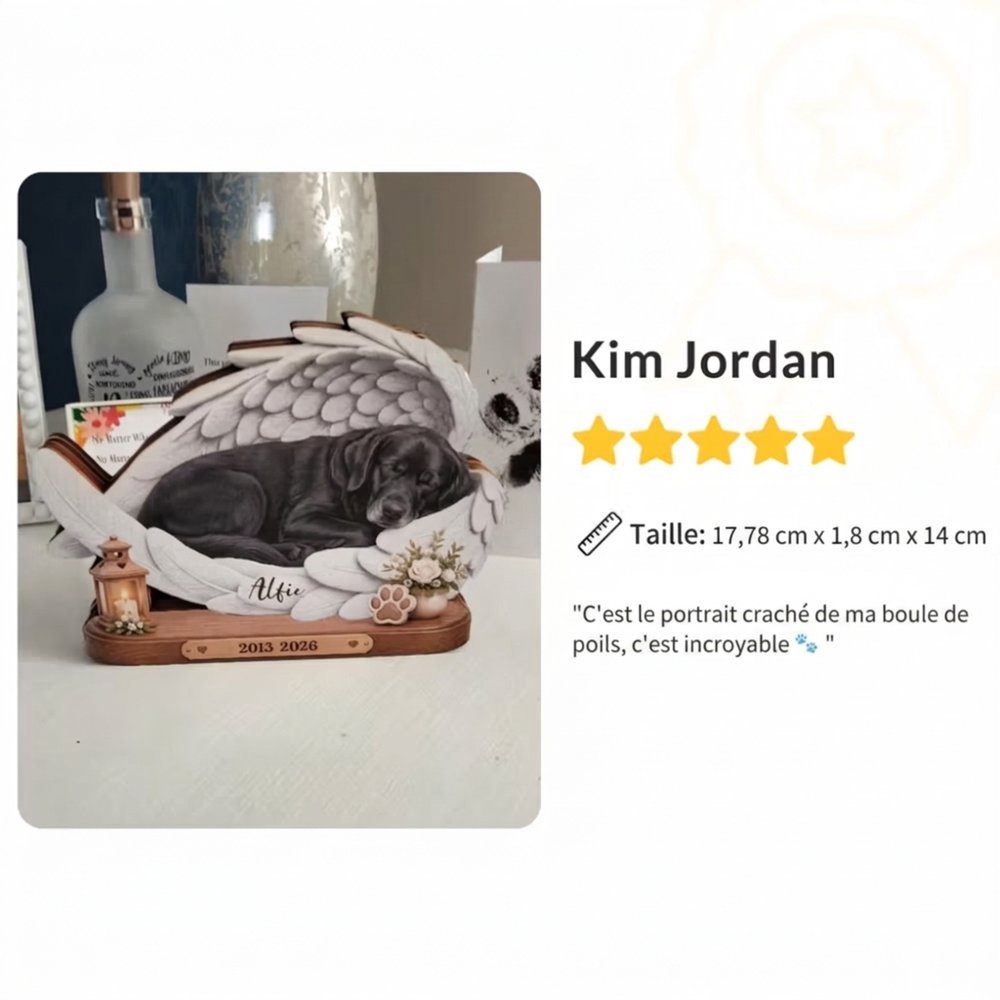 Plaque en bois personnalisée avec photo et texte - Ailes d'ange empreintes et fleurs - Cadeau d'hommage pour amoureux des animaux 12